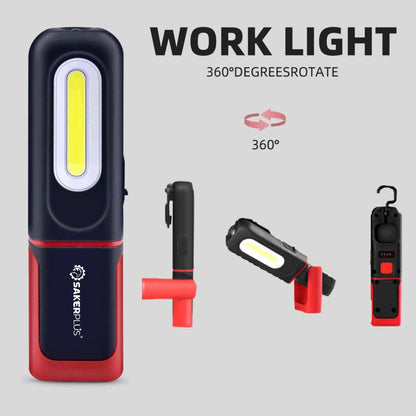 🔥SAKERPLUS Wiederaufladbare Arbeitsleuchte, 3000LM COB LED Magnetische Mechanikerlampe mit 360° Schwenkhaken, 180° verstellbarem Ständer, Taschenlampen-Modus, USB-C Ladung, IP54 Wasserbeständig für Autoreparatur, Garage & Camping