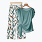 💥50% RABATT 🔥 Damen-Set: Oberteil mit seitlicher Bindung & stylische gemusterte Hose ✨ Sommerlook, bequem & modern 👗