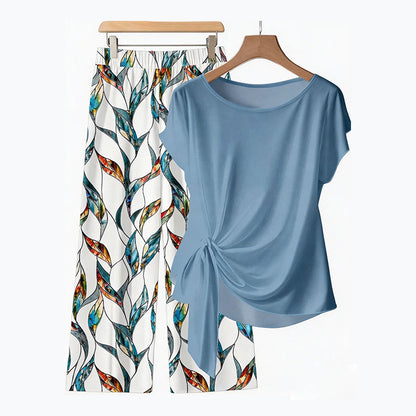 💥50% RABATT 🔥 Damen-Set: Oberteil mit seitlicher Bindung & stylische gemusterte Hose ✨ Sommerlook, bequem & modern 👗