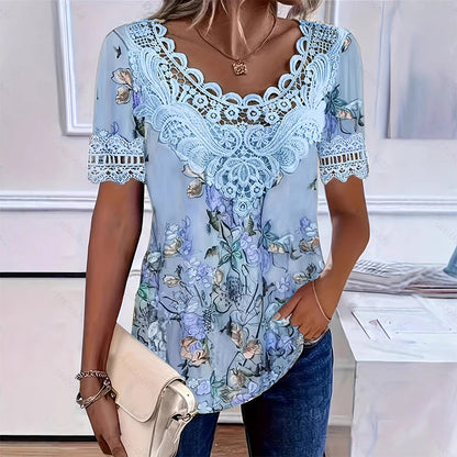 🌺Damen-T-Shirt mit Rundhalsausschnitt und Spitzenbesatz