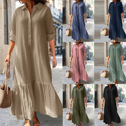 👗 LIMITED-TIME 50% OFF! ✨ Women's Vintage Lapel Neck Long Dress – Asymmetrical Hem, Soft Fabric, Timeless Style 🌸