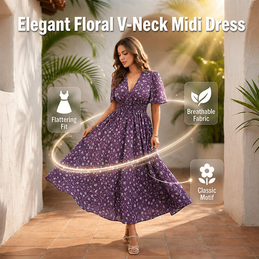 👗 JETZT 50% RABATT! 🌸 Damen Elegantes Blumen V-Ausschnitt Kleid – Leicht & Romantisch – Perfekt für Frühling, Sommer oder Gartenpartys – Mühelos Feminin ✨💐
