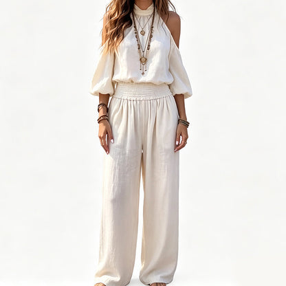 Damen Cold-Shoulder Neckholder-Top & Weite-Bein-Hosen-Set 🌸 Schultern frei, Beine befreit – Das schmeichelhafteste Sommer-Co-Ord ✨
