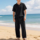 Herren Leinengemisch Hemd und Hose Set Locker Geschnitten Strandmode