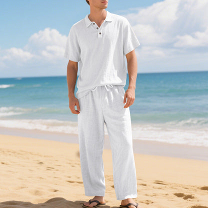 Herren Leinengemisch Hemd und Hose Set Locker Geschnitten Strandmode