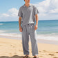 Herren Leinengemisch Hemd und Hose Set Locker Geschnitten Strandmode