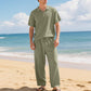 Herren Leinengemisch Hemd und Hose Set Locker Geschnitten Strandmode