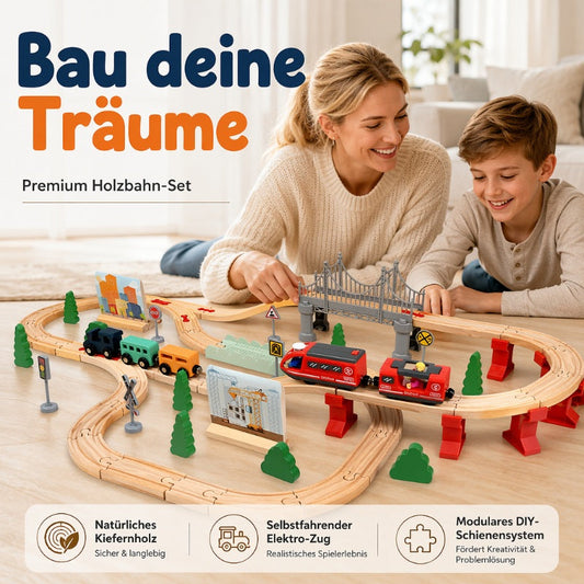 Elektrisches Holzeisenbahn-Schienen-Spielzeugset mit Brücken & Landschaft