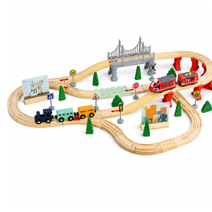 Elektrisches Holzeisenbahn-Schienen-Spielzeugset mit Brücken & Landschaft