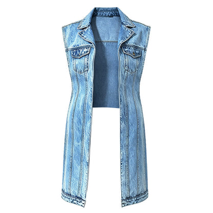 ☀️👗Damen Gilet-Stil Ärmelloses Jeanskleid mit hohem Schlitz