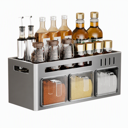 🔥 50 % Rabatt! 🧂 Gewürzregal ohne Bohren – Wandmontierter Küchen Organizer mit Gewürzgläsern & Löffeln