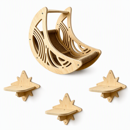 Wall Mounted Wooden Climbing Frame Set with House and 3 Jumping Steps Natural Wood Pet Furniture