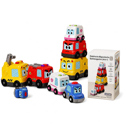 ⏳Nur für kurze Zeit – 50% RABATT⏰4-teiliges magnetisches Elektrospielzeugauto-Set mit Ton und Licht, Cartoon-Stapel- und Krabbelautos für Babys und Kleinkinder