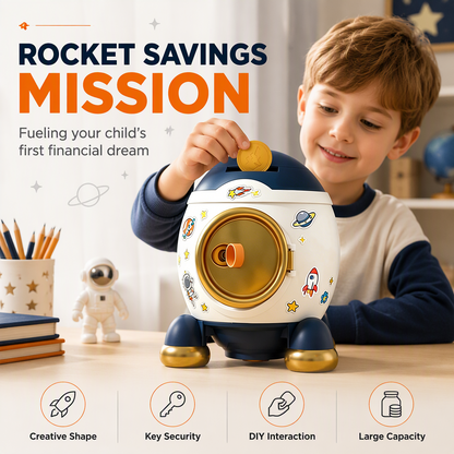 📢📢50% RABATT !! ⏰Kinder-Raketen-Spardose mit großem Fassungsvermögen, bruchsichere Sparbox, Spielzeug-Geschenk mit Schlüssel und Aufklebern